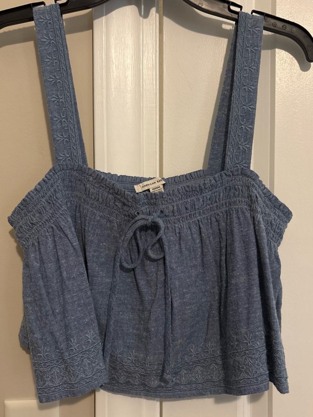 American Eagle Chambray Denim Blue Embroidered Smocked Strap Crop Top